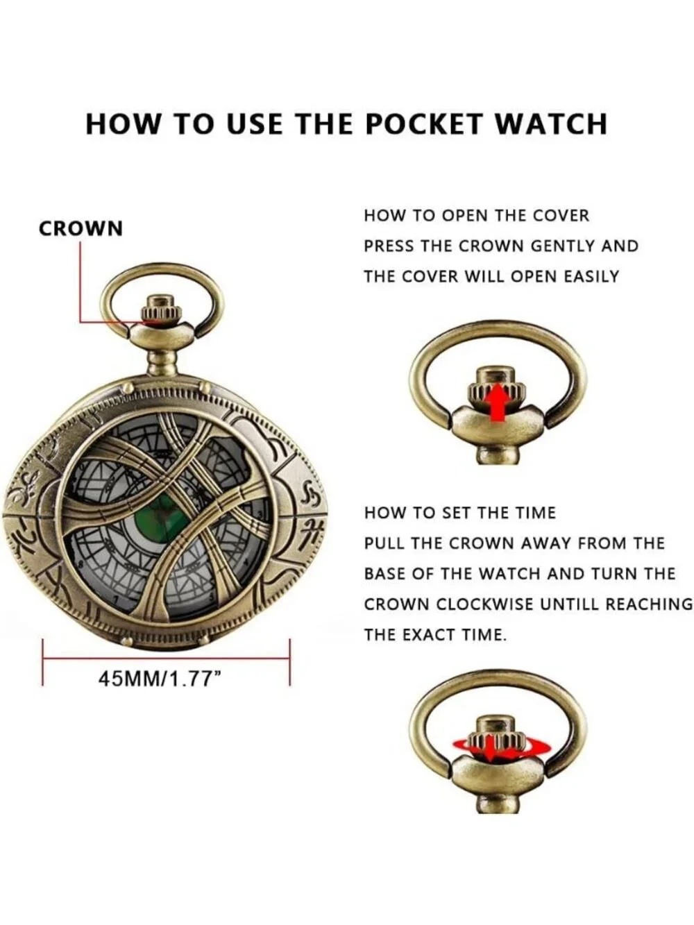 Men's Brown Analog Quartz Green Eyes Shape Pendant Necklace Round Pocket Watch